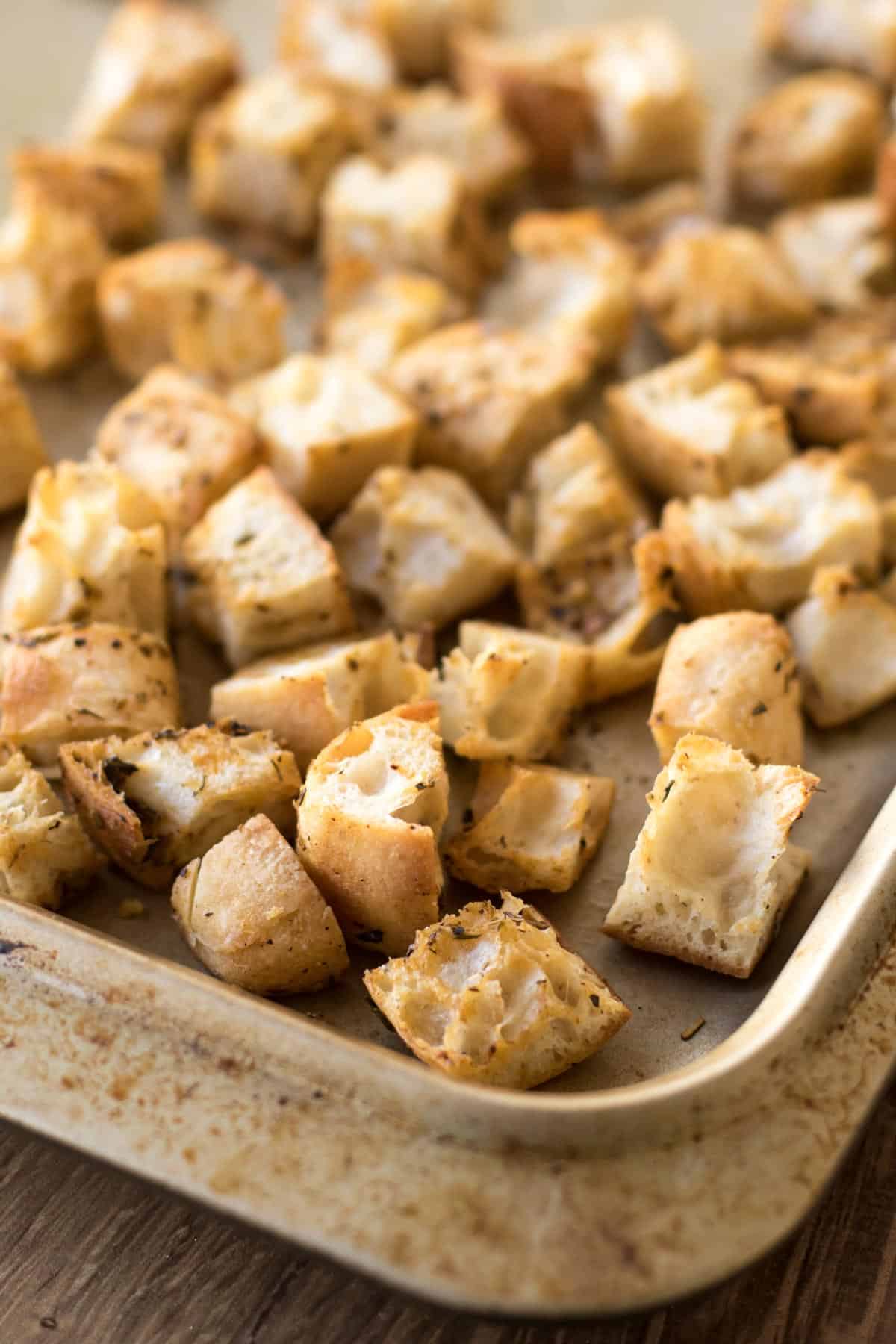 croutons on a sheet pan.