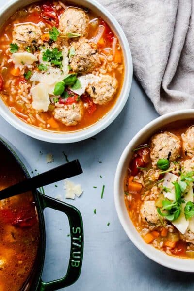bowls of meatball rice soup.