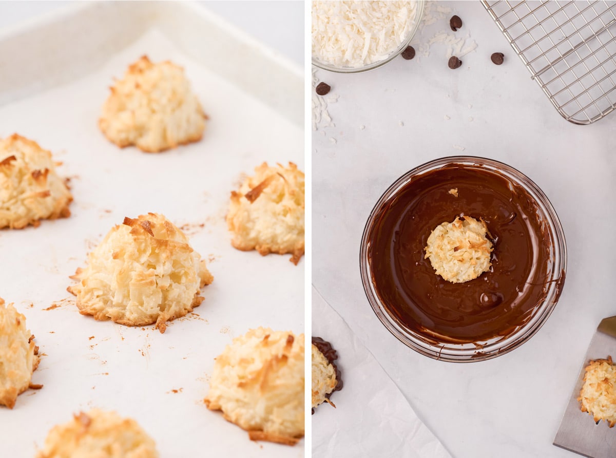 baked macaroons on a baking sheet and one being dipped in chocolate.