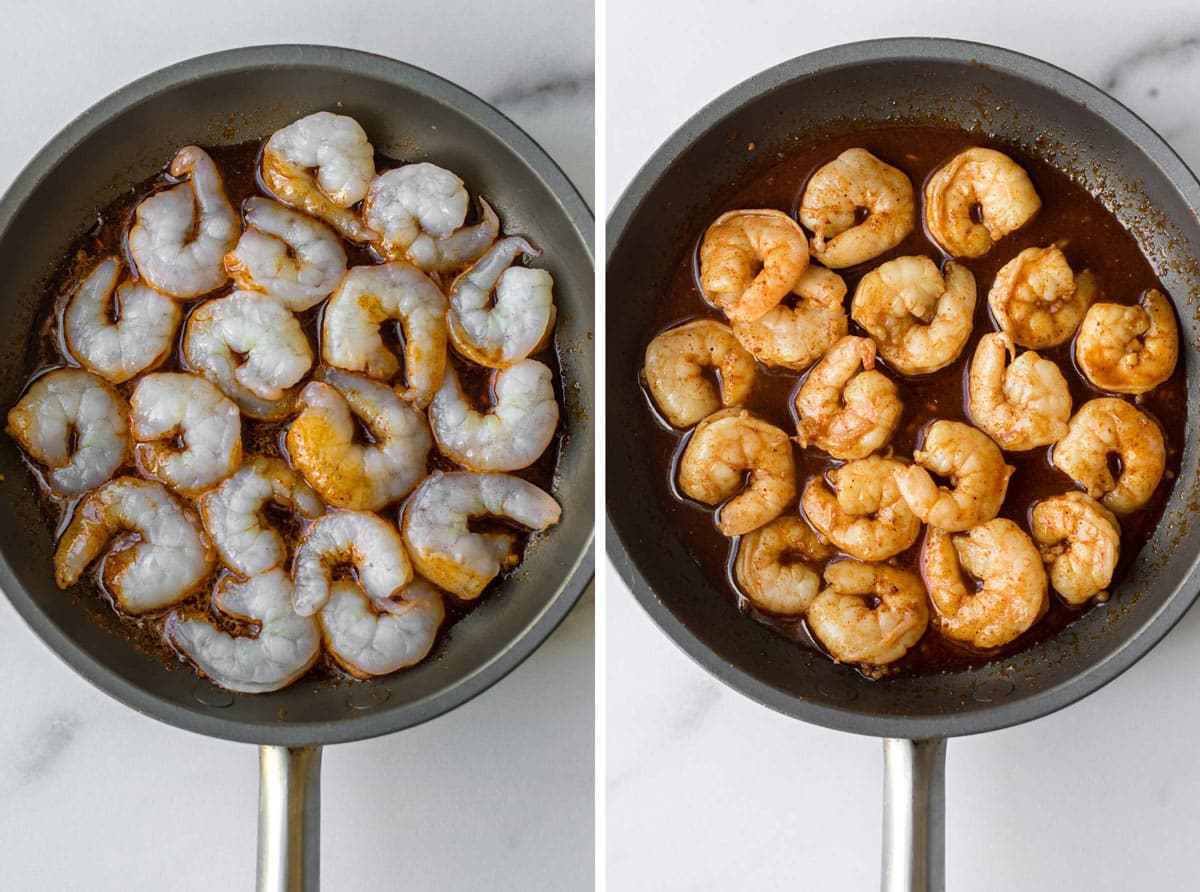 the shrimp in the pan before and after they're cooked.