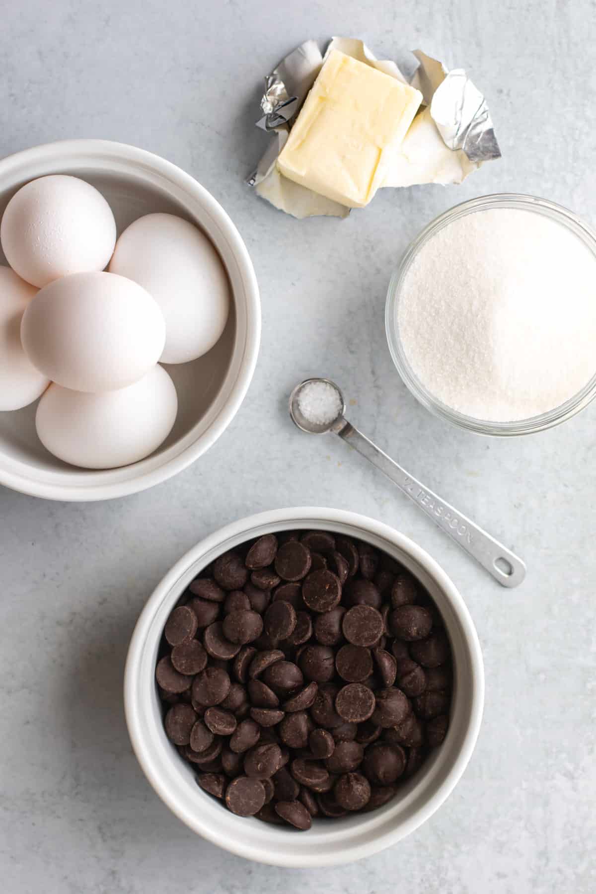 ingredients for flourless chocolate cake.