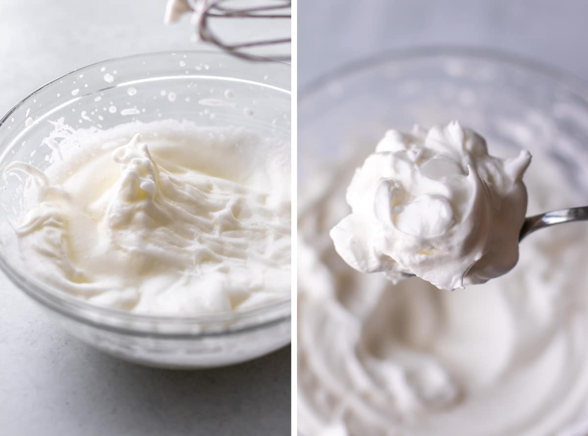 the whipped egg whites before and after the sugar is added.