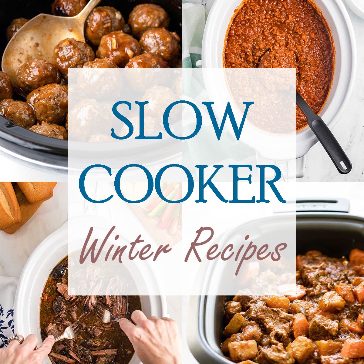 photo collage with slow cooker dishes.