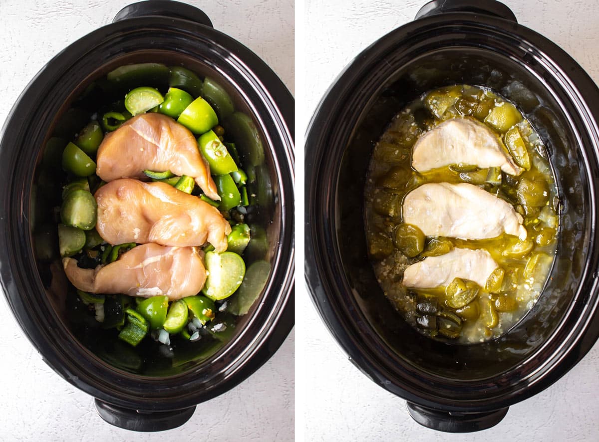 the chicken and salsa verde ingredients in the slow cooker before and after they are cooked.