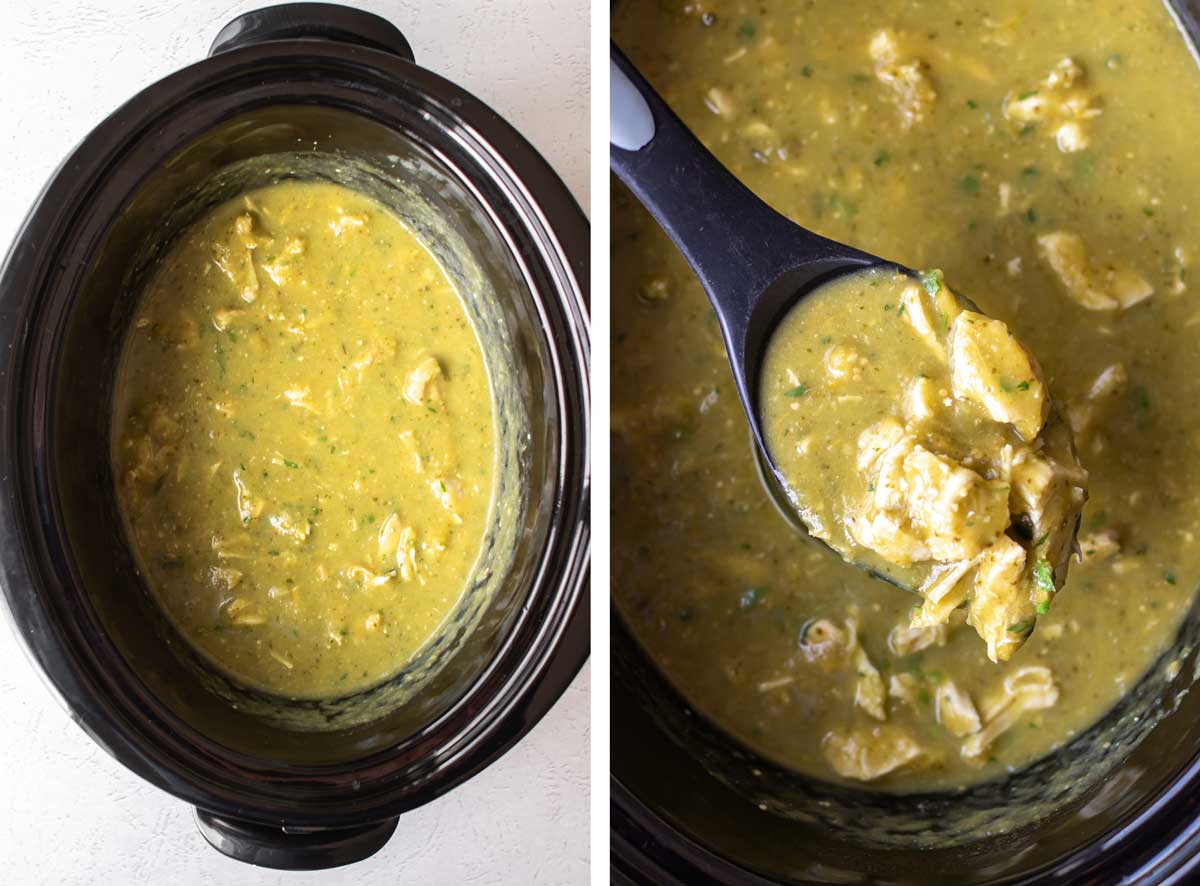 salsa verde chicken in a slow cooker and a spoonful of it being lifted from the slow cooker.