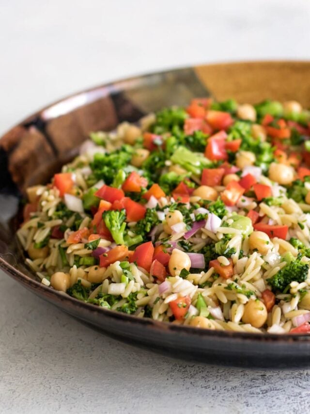orzo salad in a serving dish.