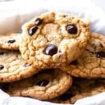 a pile of chocolate chip cookies.