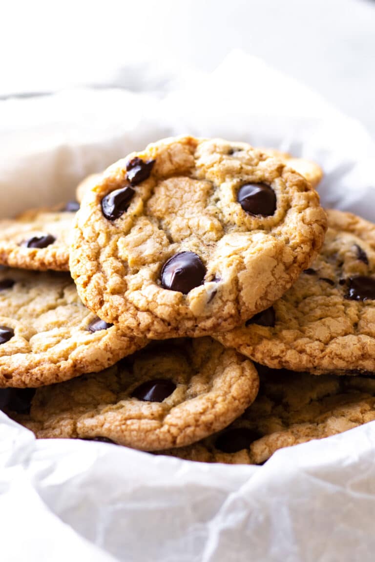 a pile of chocolate chip cookies.