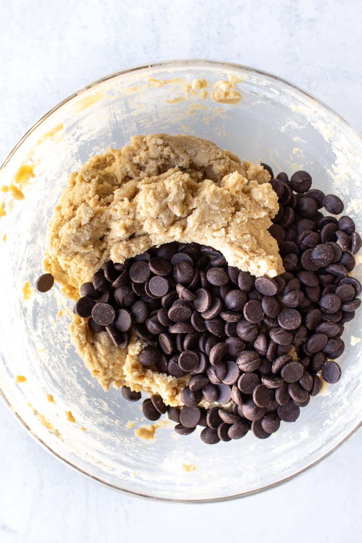 cookie dough with chocolate chips in a bowl.