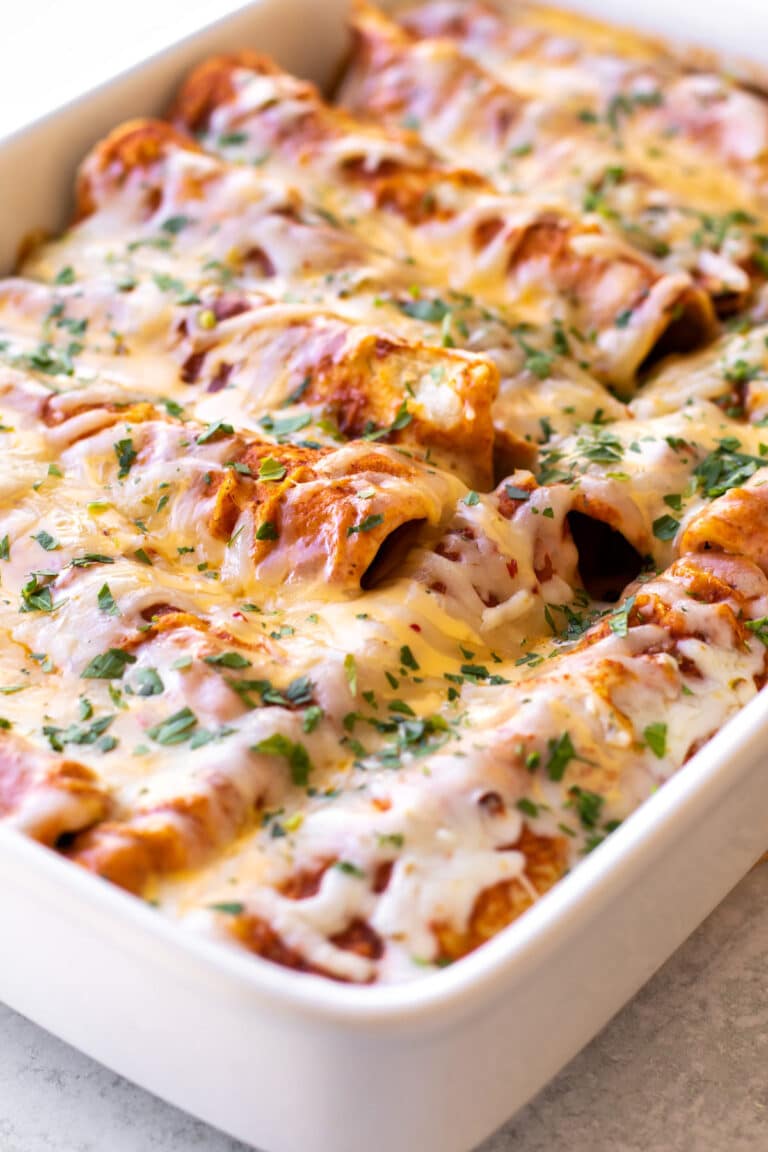 a pan of pork enchiladas.