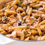 tuscan chicken penne in a pan.