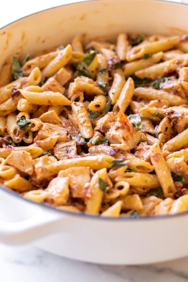 tuscan chicken penne in a pan.