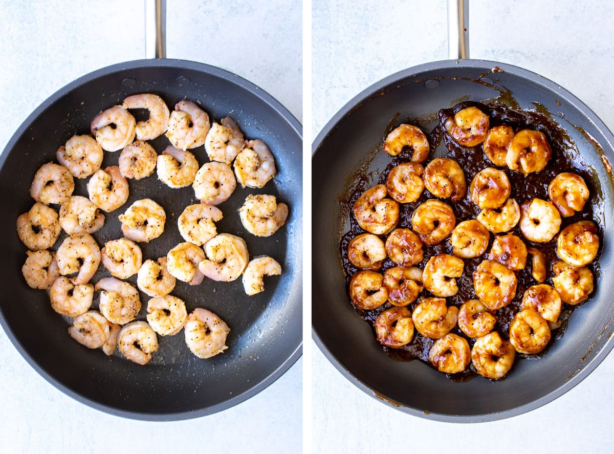 cooked shrimp in a pan and the shrimp in a pan with the sauce.