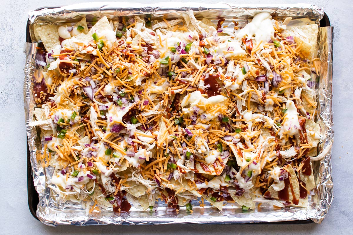 the prepared nachos ready to be baked.