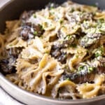 a bowl of creamy mushroom pasta.