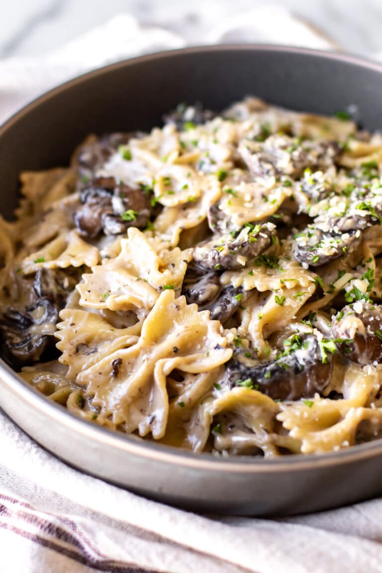 a bowl of creamy mushroom pasta.