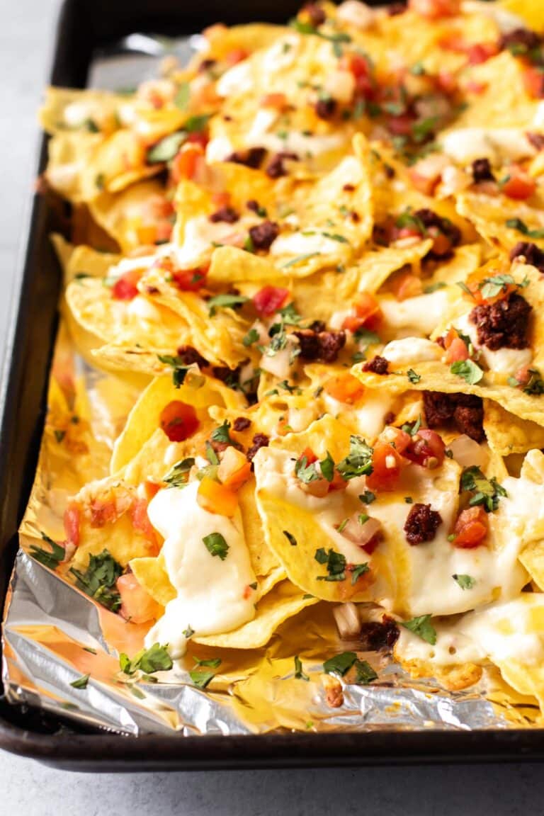 a pan of nachos.