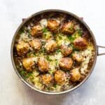 French Onion meatballs in a pan.
