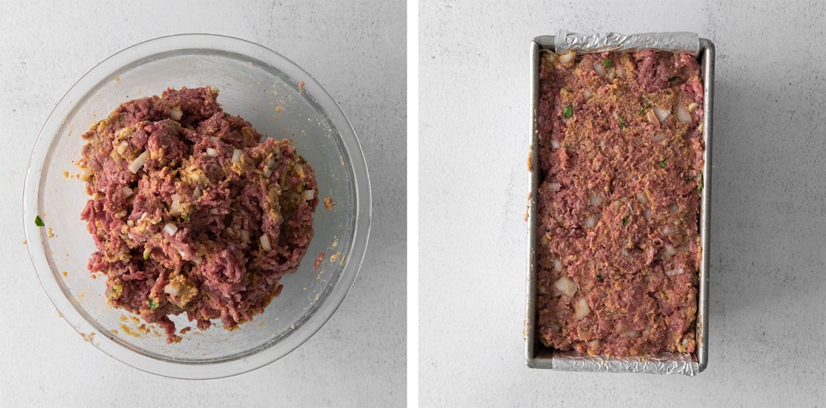 the meatloaf mixture in a bowl and the meatloaf mixture pressed into the loaf pan.