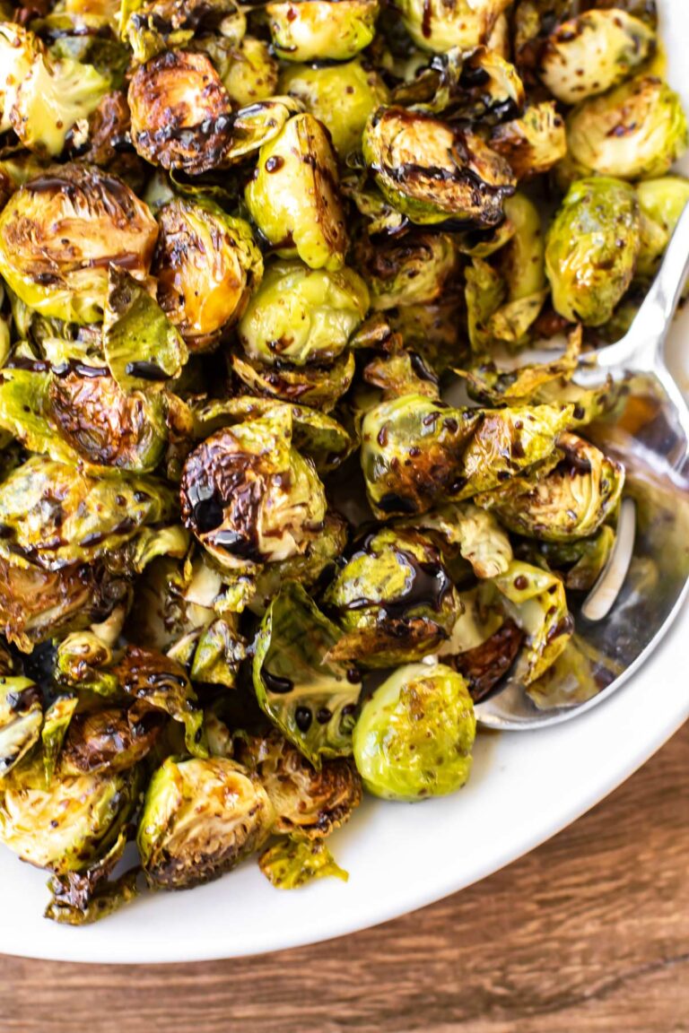 balsamic roasted brussels sprouts on a plate.