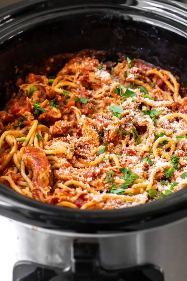 chicken ragu spaghetti in a slow cooker.