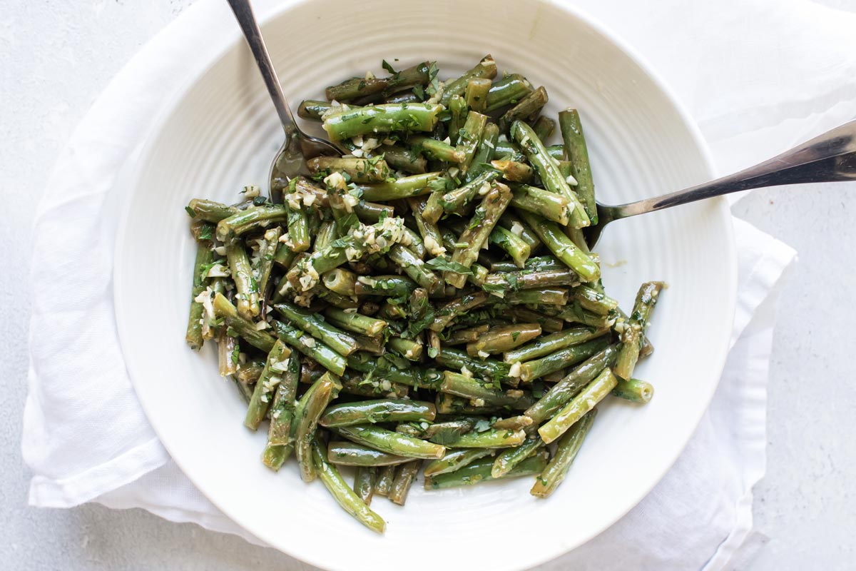 sauteed green beans in a bowl.