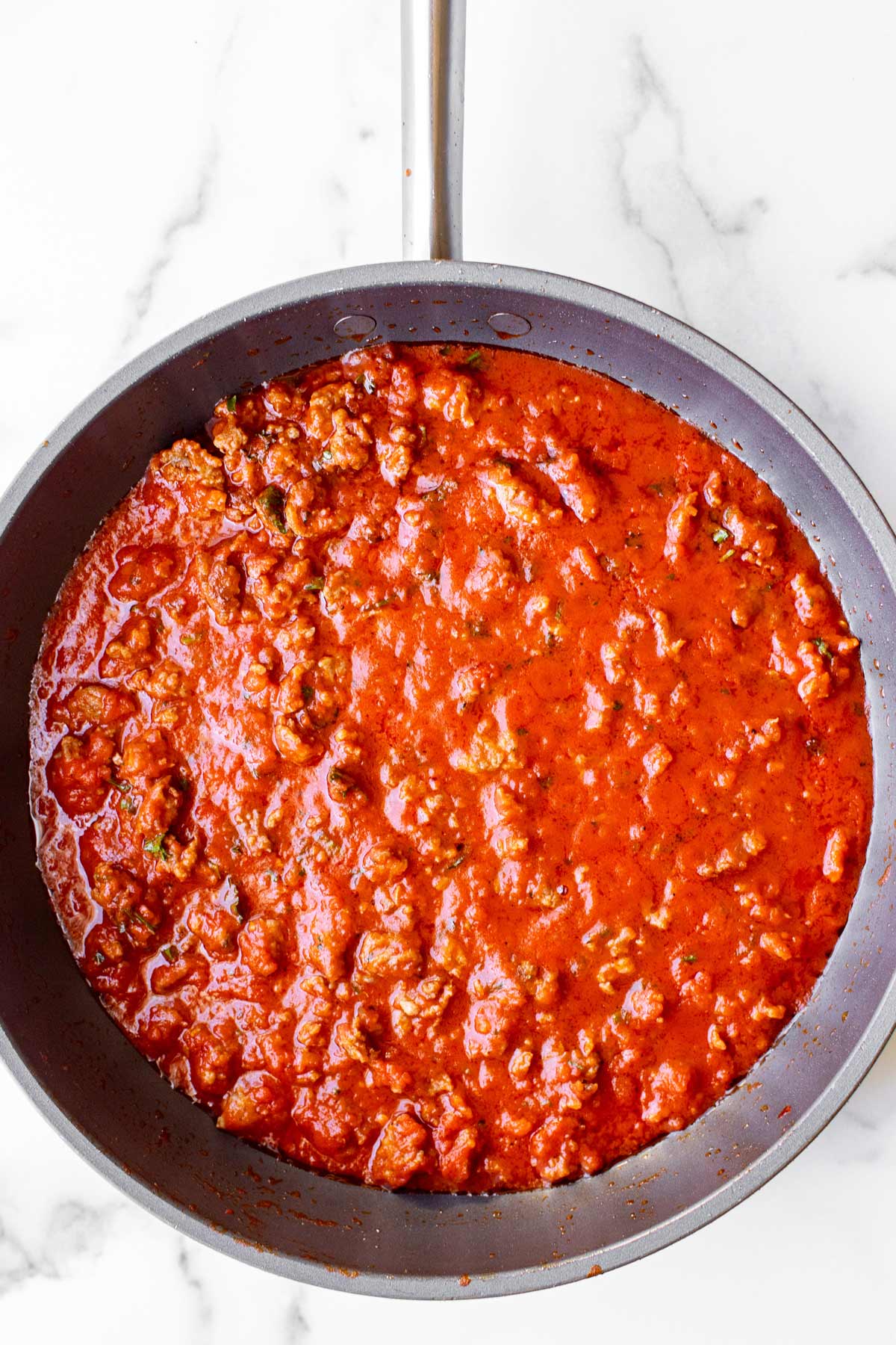 the meat sauce in a pan.