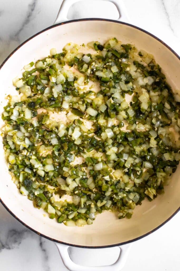 the peppers, onions and garlic in a pan.