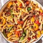 sausage pepper pasta in a pan.