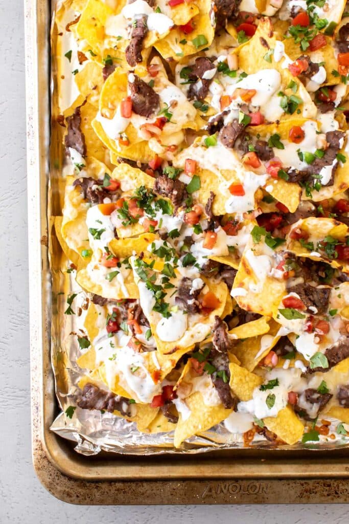 nachos on a sheet pan.
