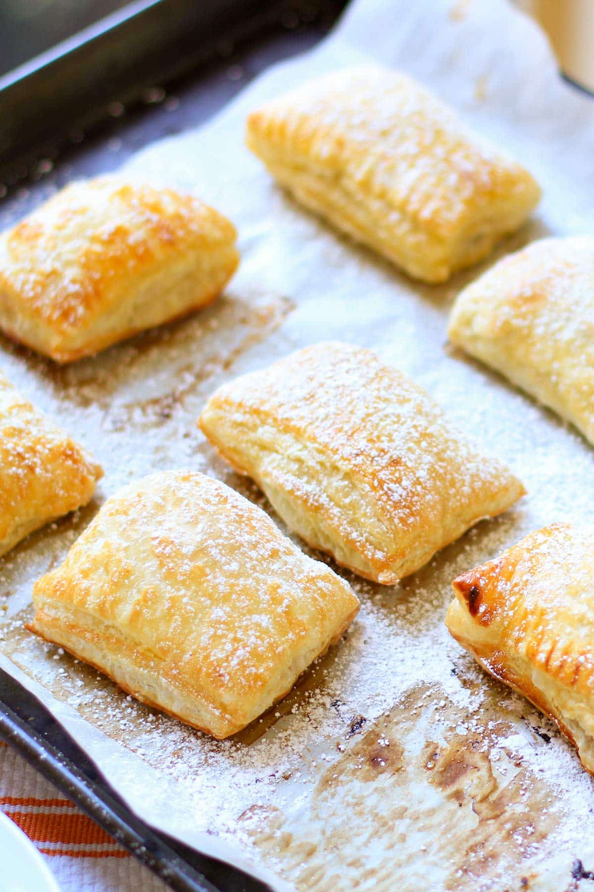 puff pastries on a baking sheet.