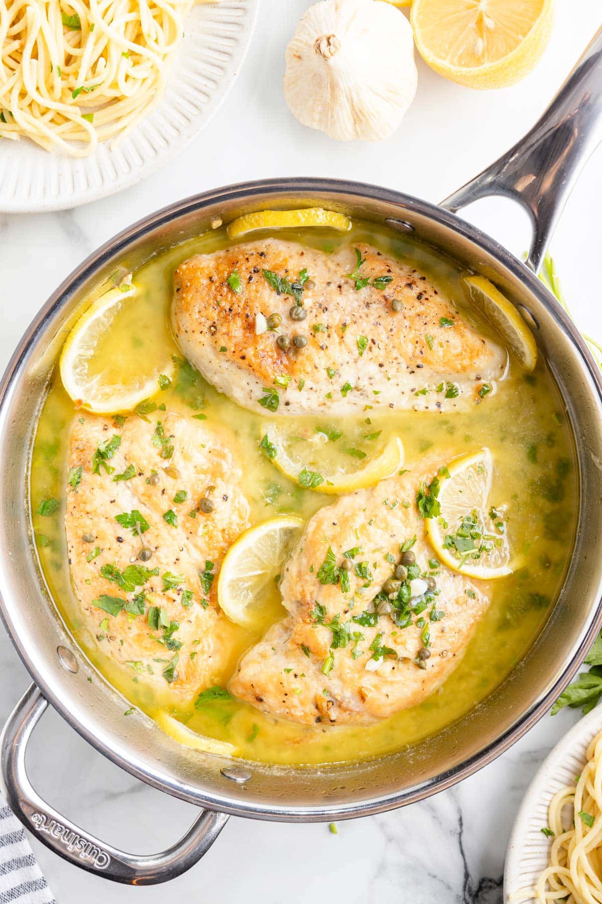 a pan of lemon butter chicken breasts.