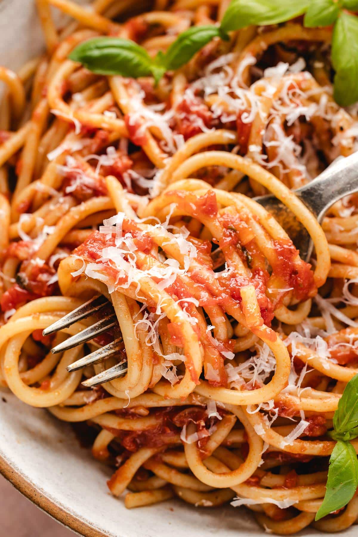 pasta twirled on a fork.