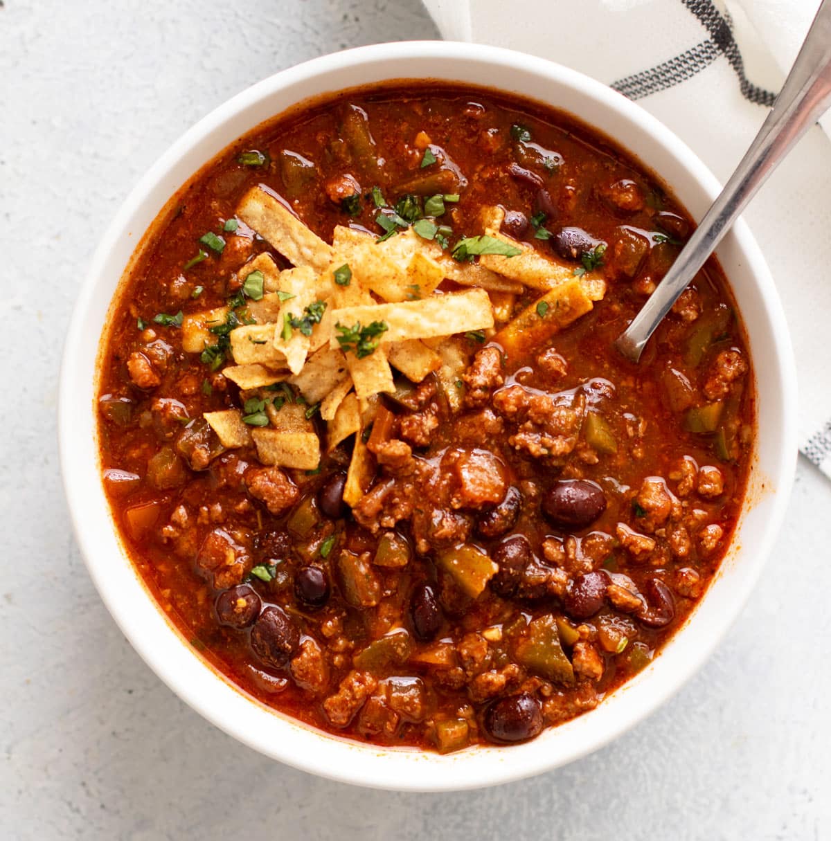 a bowl of black bean and beef chili.
