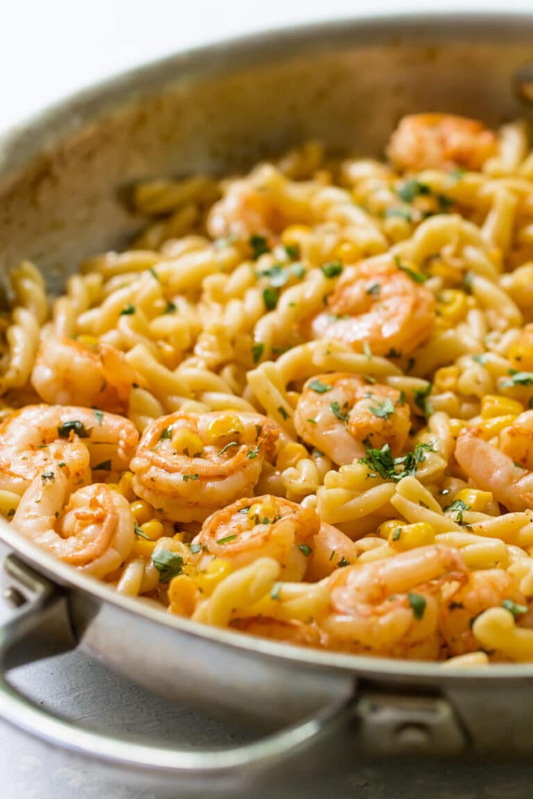 cilantro-lemon shrimp pasta in a pan.