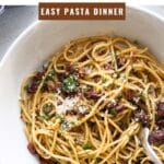 sundried tomato bacon spaghetti pin image.