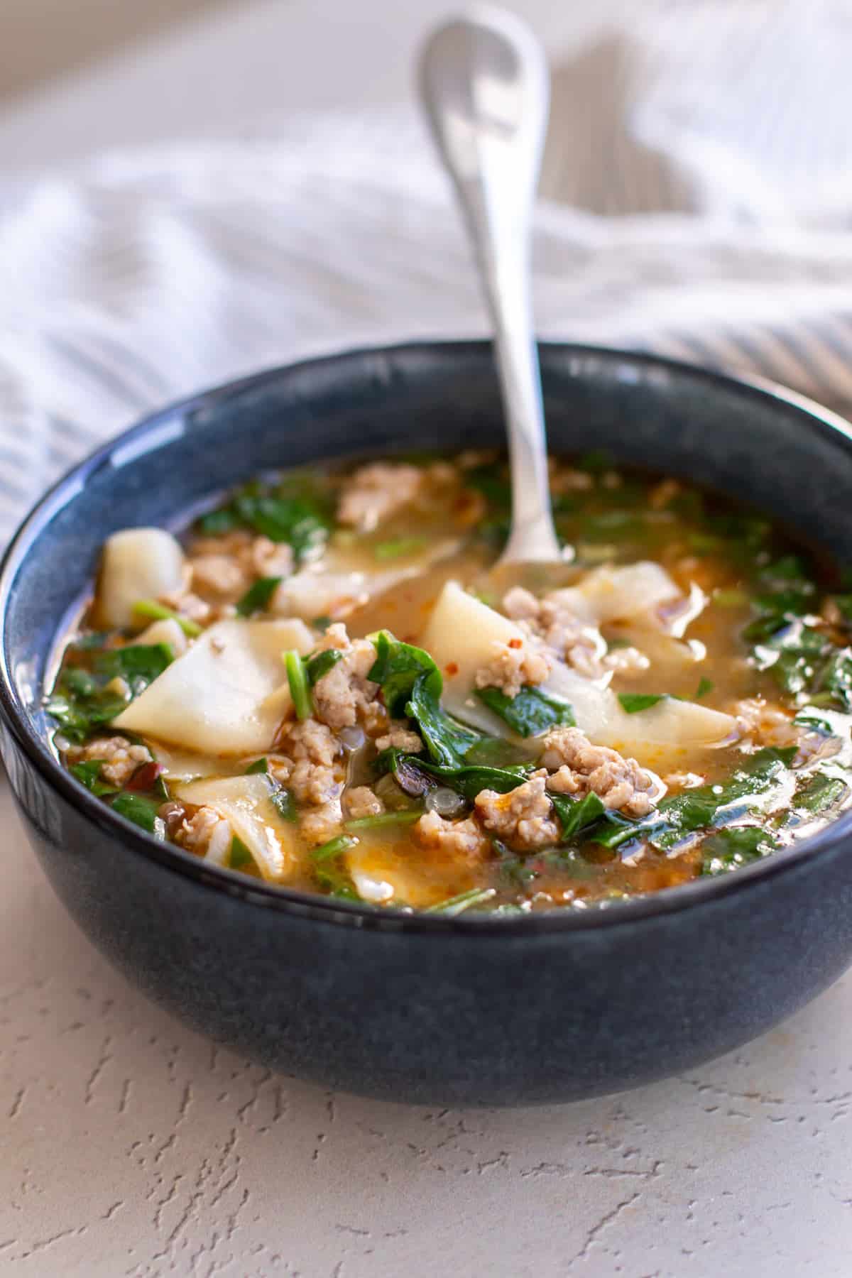 a bowl of wonton soup with a spoon.