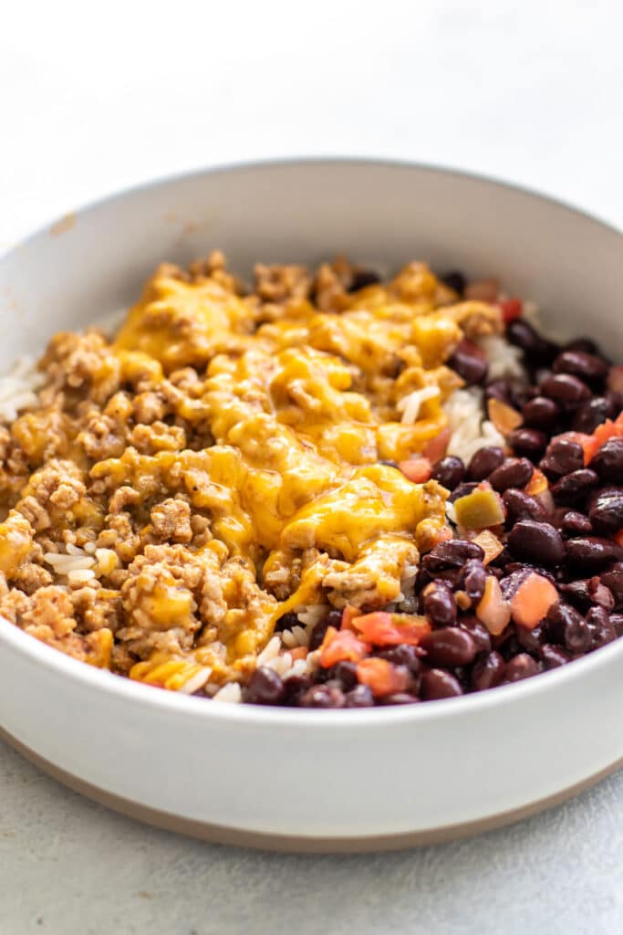 the rice, black beans, and cheesy pork in a bowl.