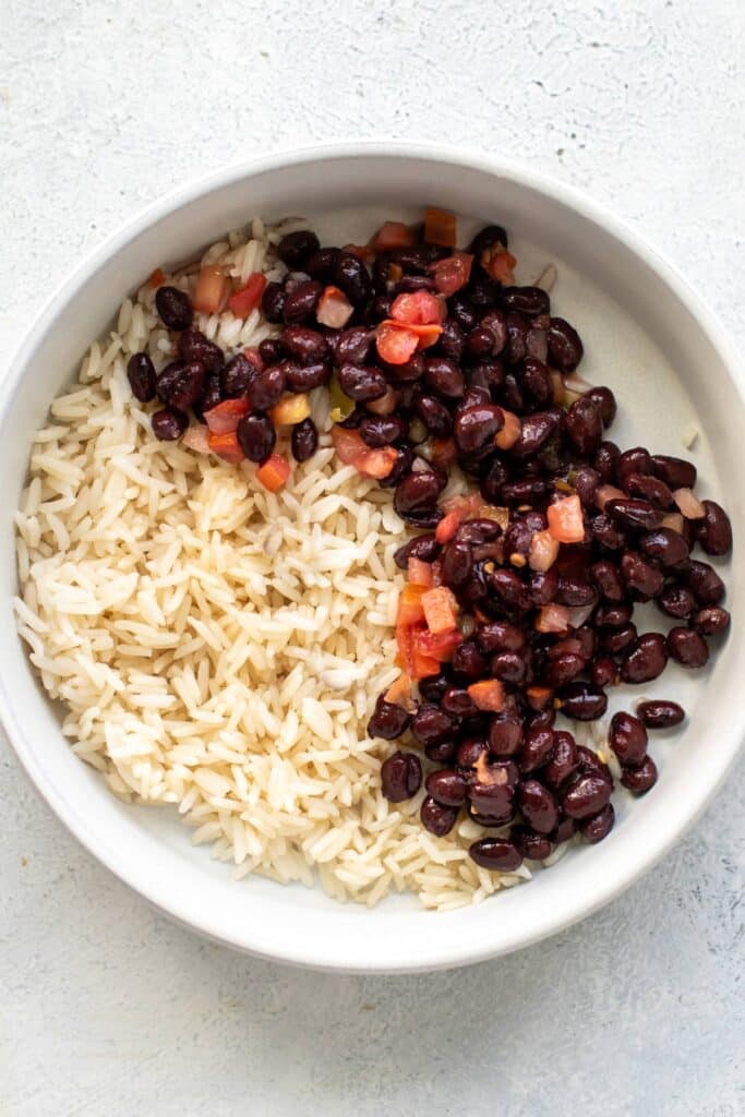 the beans and rice in a bowl.