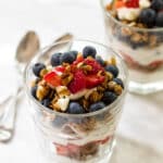 a white chocolate granola yogurt parfait.