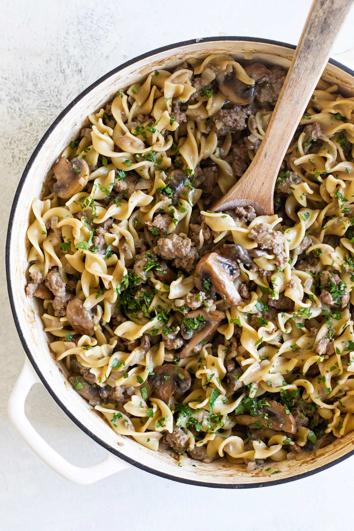 the beef stroganoff in a pan.
