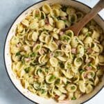 pancetta pasta with peas pinterest graphic.