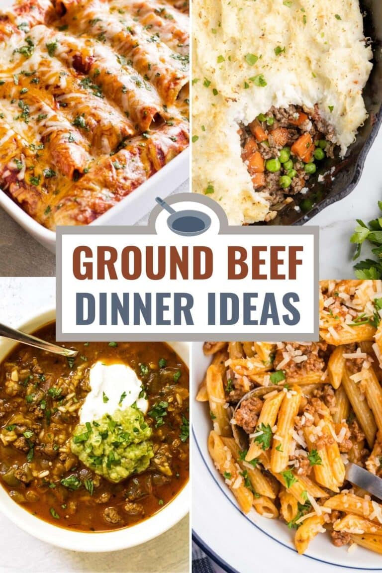 photo collage of four dishes with ground beef.