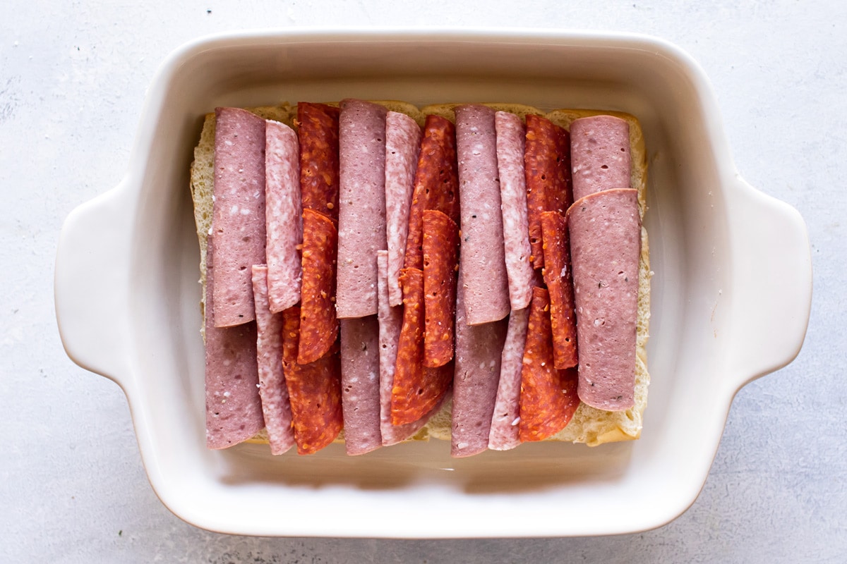 the meat layered onto the bread.