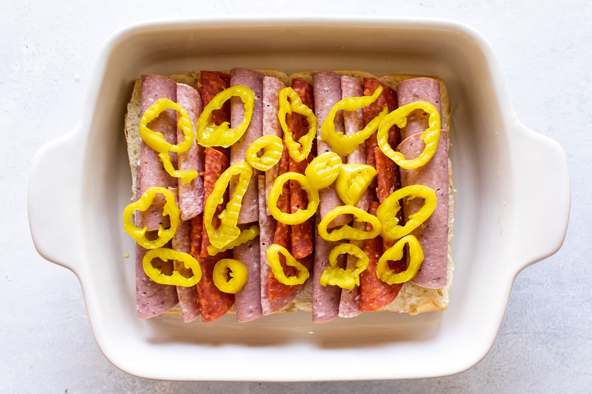 the pepperoncini layered over the meat.