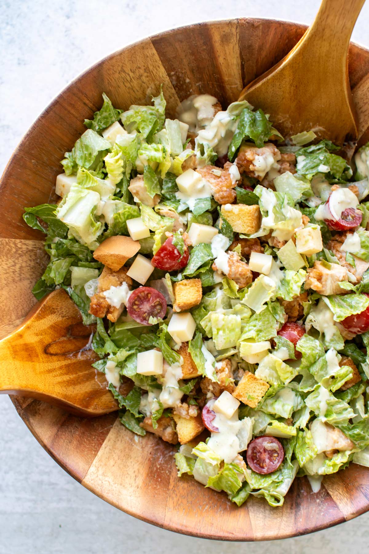 salad in a big wooden bowl.