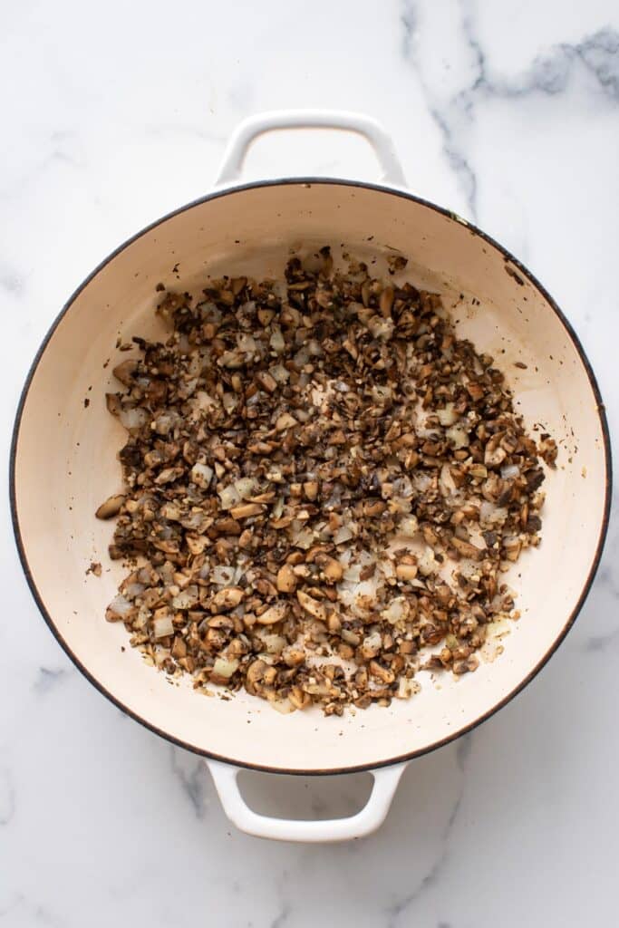 the cooked mushrooms in a pan.