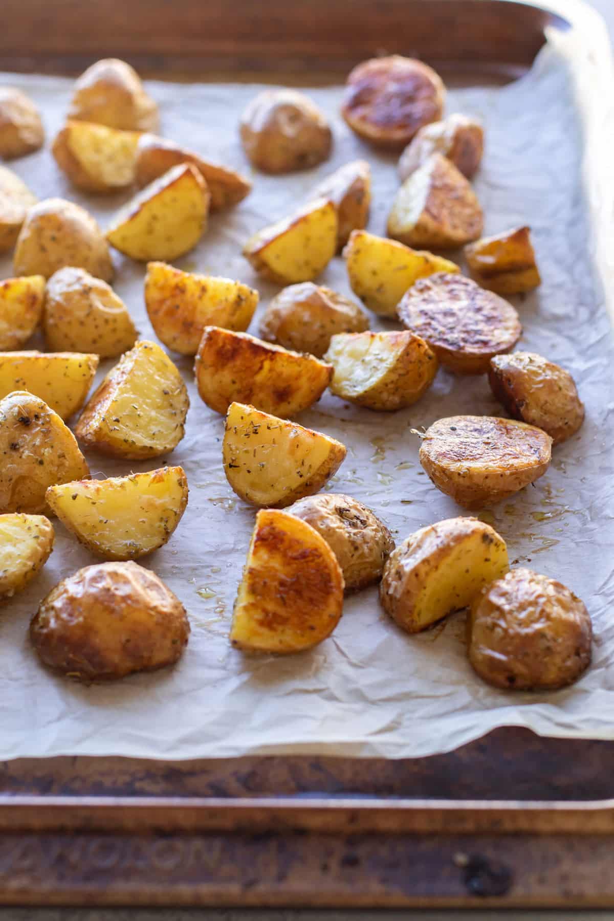 the roasted potatoes on a sheet pan.