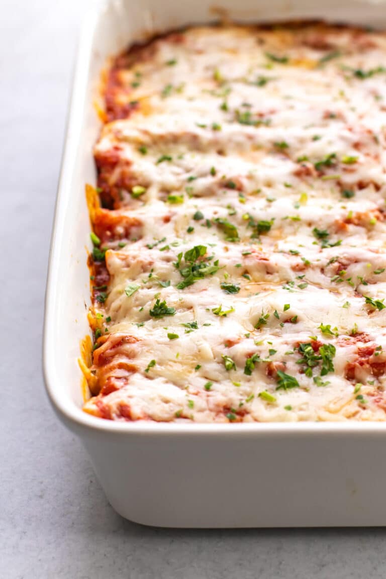 the baked manicotti in a baking dish.