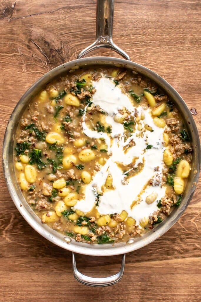 the cream added to the pan.